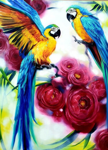 Painting titled "Solar Birds" by Olga Bazanova, Original Artwork, Oil