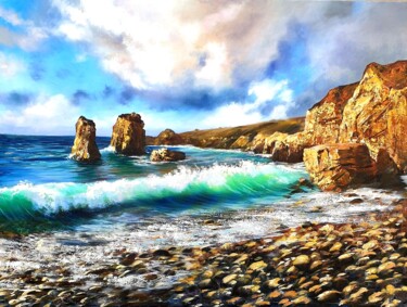 Painting titled "Rocky Coast" by Olga Bazanova, Original Artwork, Oil