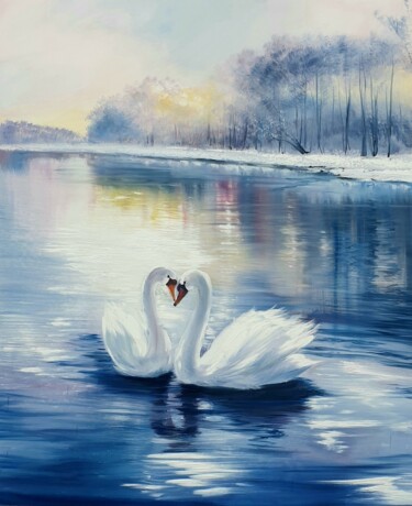 Painting titled "White swans" by Olga Bazanova, Original Artwork, Oil