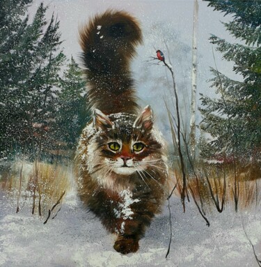 Painting titled "Forest cat" by Olga Bazanova, Original Artwork, Oil