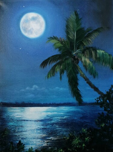 Peinture intitulée "Full Moon on the Be…" par Olga Bazanova, Œuvre d'art originale, Huile