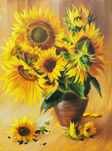 Painting titled "Sunflowers" by Olga Bazanova, Original Artwork, Oil