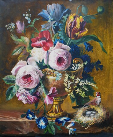 Painting titled "Cut flowers in a gi…" by Olga Bazanova, Original Artwork, Oil