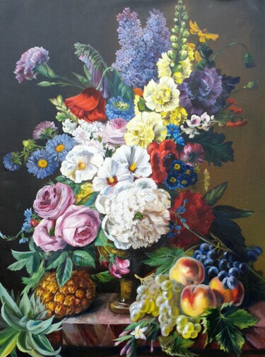 Painting titled "Still life in a vas…" by Olga Bazanova, Original Artwork, Oil