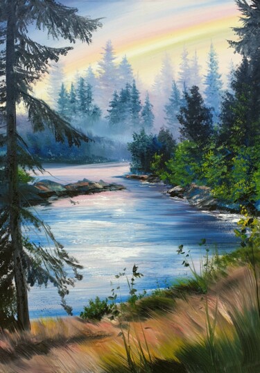 Painting titled "Mountain water stre…" by Olga Bazanova, Original Artwork, Oil