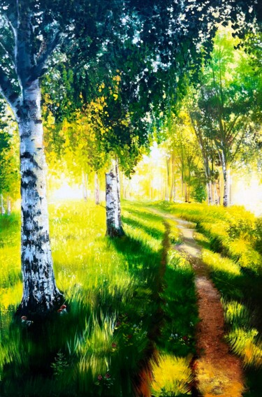 Painting titled "Birch Grove" by Olga Bazanova, Original Artwork, Oil