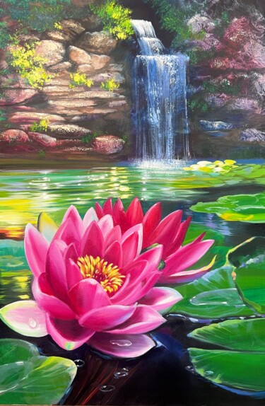 Painting titled "Pink Lotus" by Olga Bazanova, Original Artwork, Oil