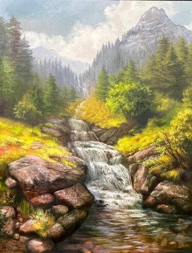Painting titled "River in the mounta…" by Olga Bazanova, Original Artwork, Oil