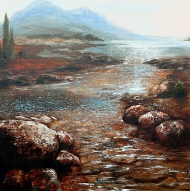 Schilderij getiteld "River landscape" door Olga Bazanova, Origineel Kunstwerk, Olie