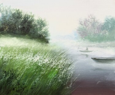 Картина под названием "Fog on the Lake" - Ольга Базанова, Подлинное произведение искусства, Масло