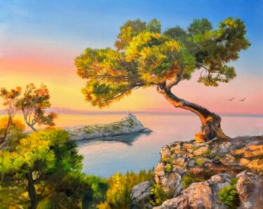 Painting titled "Pine on the rock" by Olga Bazanova, Original Artwork, Oil