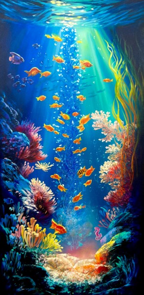 Malerei mit dem Titel "Underwater World" von Olga Bazanova, Original-Kunstwerk, Öl