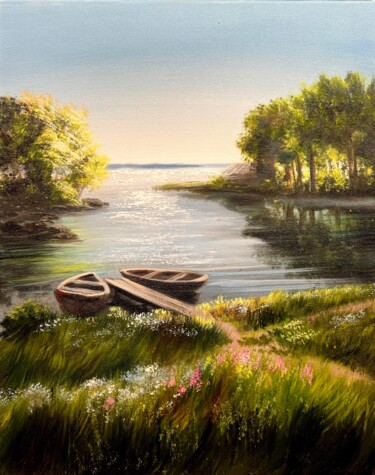 Malerei mit dem Titel "Boats by the lake" von Olga Bazanova, Original-Kunstwerk, Öl