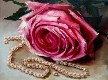 Pittura intitolato "Rose with pearls" da Olga Bazanova, Opera d'arte originale, Olio