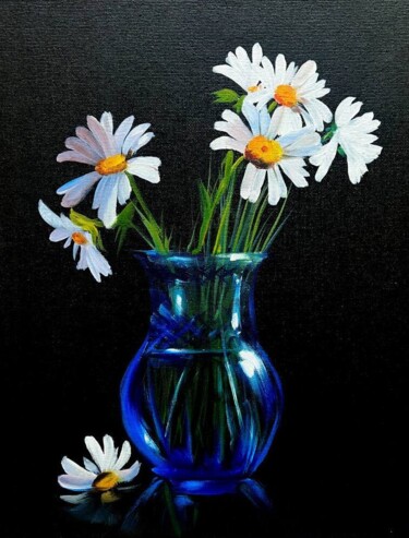 Картина под названием "Daisies in a vase" - Ольга Базанова, Подлинное произведение искусства, Масло