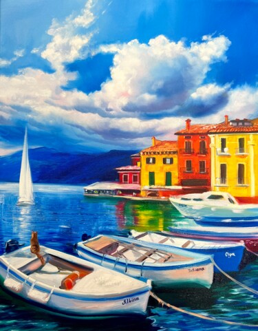 Painting titled "Boats on Lake Garda" by Olga Bazanova, Original Artwork, Oil