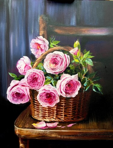 Peinture intitulée "Bouquet in a basket" par Olga Bazanova, Œuvre d'art originale, Huile