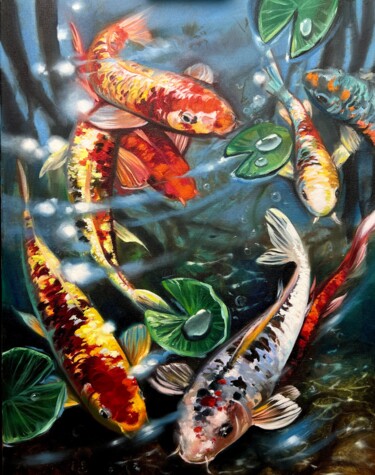 Painting titled "Fish in the pond" by Olga Bazanova, Original Artwork, Oil