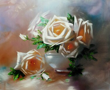 Pintura titulada "White roses in a va…" por Olga Bazanova, Obra de arte original, Oleo