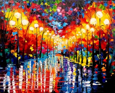 Pintura intitulada "Street with lanterns" por Olga Bazanova, Obras de arte originais, Óleo