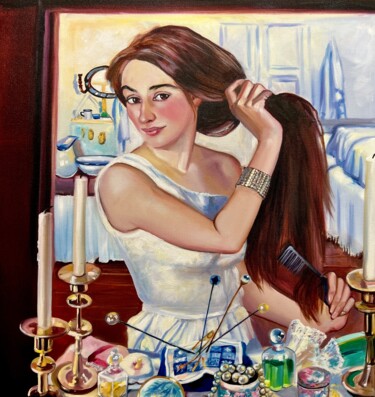 Painting titled "Woman with coloring" by Olga Bazanova, Original Artwork, Oil