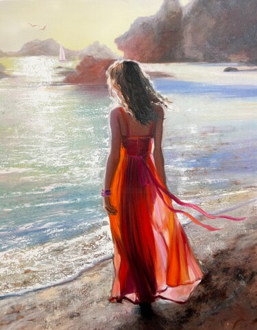 Painting titled "Woman by the sea" by Olga Bazanova, Original Artwork, Oil