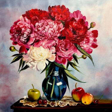 Painting titled "Peonies in a vase" by Olga Bazanova, Original Artwork, Oil
