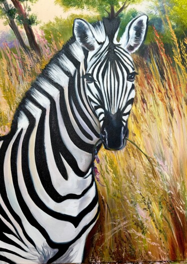 Painting titled "Zebra" by Olga Bazanova, Original Artwork, Oil
