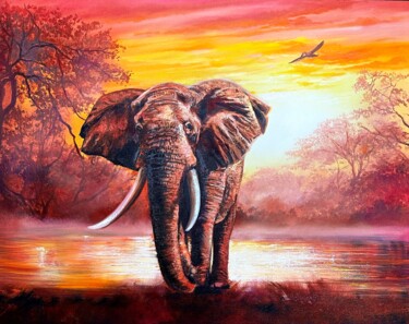 Peinture intitulée "African Elephant" par Olga Bazanova, Œuvre d'art originale, Huile