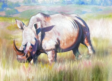 Painting titled "Rhinoceros" by Olga Bazanova, Original Artwork, Oil