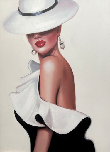 Картина под названием "Lady in a white hat" - Ольга Базанова, Подлинное произведение искусства, Масло