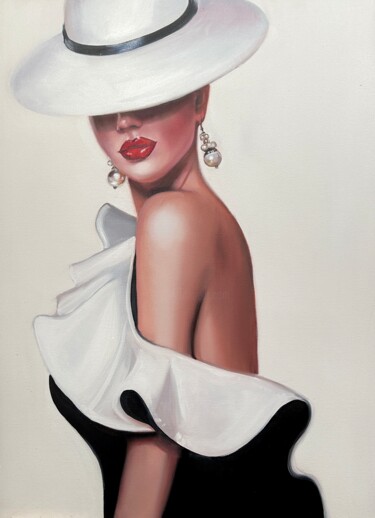 Painting titled "Lady in a white hat" by Olga Bazanova, Original Artwork, Oil