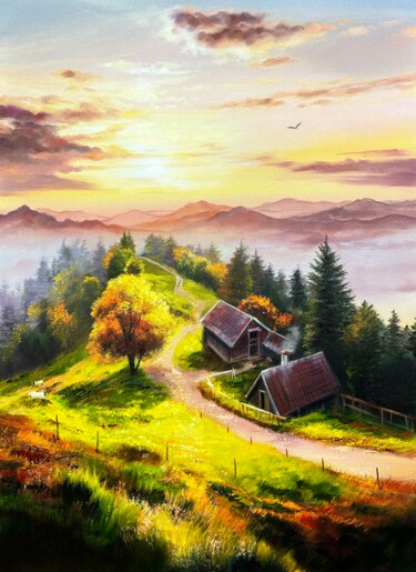 Painting titled "Mountain landscape" by Olga Bazanova, Original Artwork, Oil