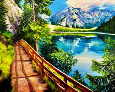 Pintura intitulada "Lake Braies" por Olga Bazanova, Obras de arte originais, Óleo