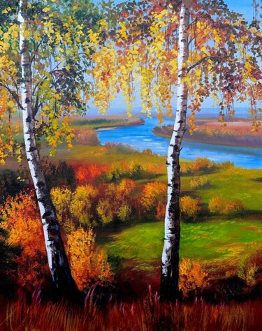 Malarstwo zatytułowany „Autumn Birches” autorstwa Ольга Базанова, Oryginalna praca, Olej