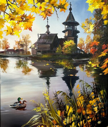 Painting titled "Temple by the Lake" by Olga Bazanova, Original Artwork, Oil