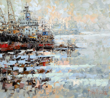 Peinture intitulée "In the port" par Dmitry Kustanovich, Œuvre d'art originale, Huile Monté sur Châssis en bois