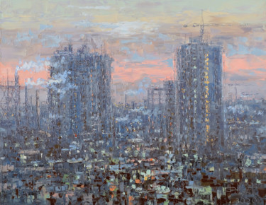 Картина под названием "Evening over the ci…" - Dmitry Kustanovich, Подлинное произведение искусства, Масло Установлен на Дер…
