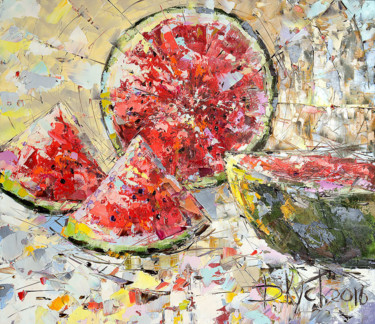 Painting titled "The watermelon" by Dmitry Kustanovich, Original Artwork, Oil Mounted on Wood Stretcher frame