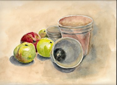 Malerei mit dem Titel "Stillleben mit Obst" von Gallery Schöneweide, Original-Kunstwerk, Aquarell