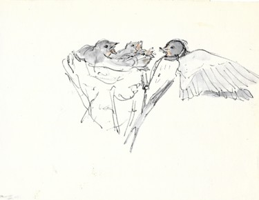 Malerei mit dem Titel "Schwalben im Nest" von Gallery Schöneweide, Original-Kunstwerk, Aquarell