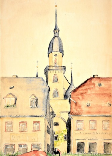 Malerei mit dem Titel "Stadtbild mit Kirche" von Gallery Schöneweide, Original-Kunstwerk, Aquarell