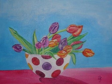 Peinture intitulée "Bol de tulipes" par Stéphanie Gallier, Œuvre d'art originale, Huile