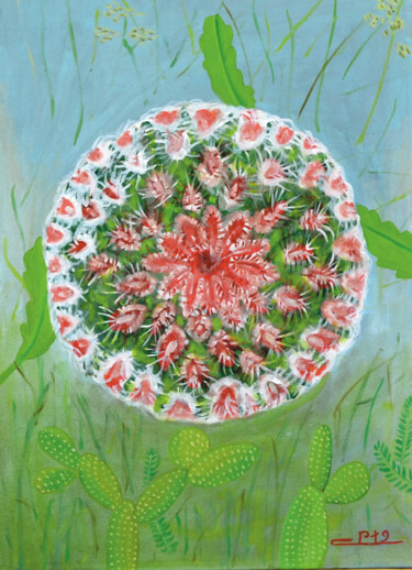 Painting titled "Flowering Cactus" by Galust Mkhitaryan, Original Artwork, Oil