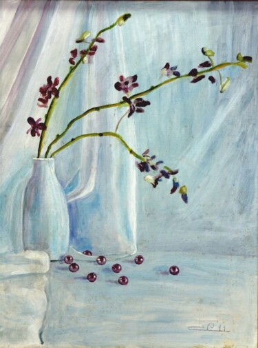 Painting titled "Flowers on White" by Galust Mkhitaryan, Original Artwork, Oil