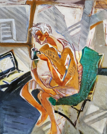 Peinture intitulée "At the computer" par Galya Didur, Œuvre d'art originale, Acrylique