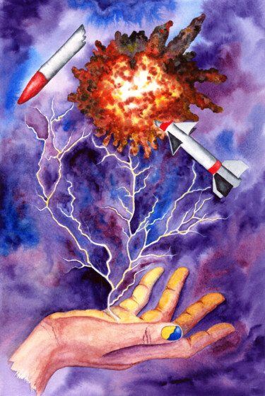 Painting titled "Air Defense" by Galyna Maikovych, Original Artwork, Watercolor