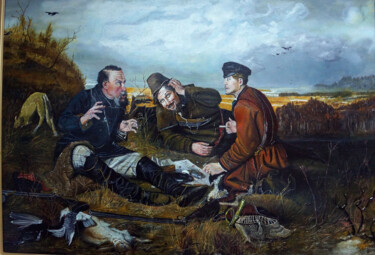 Painting titled "охотники на привале" by Gamil Ramazanov, Original Artwork, Oil