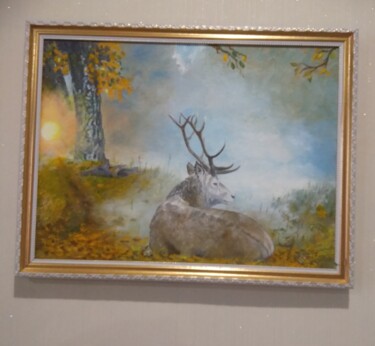 Painting titled "лесной олень" by Gamil Ramazanov, Original Artwork, Oil Mounted on Wood Stretcher frame