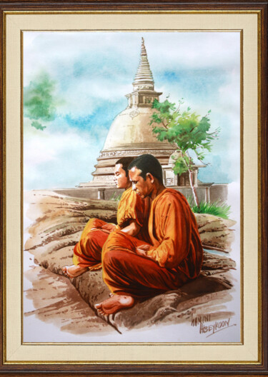 Painting titled "Meditation" by Gamini Abeykoon, Original Artwork, Watercolor